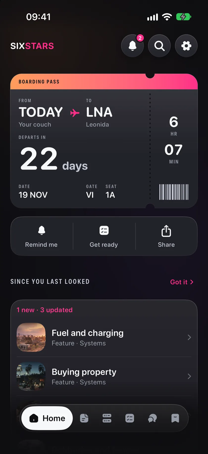 SixStars home screen with the countdown to 19 November