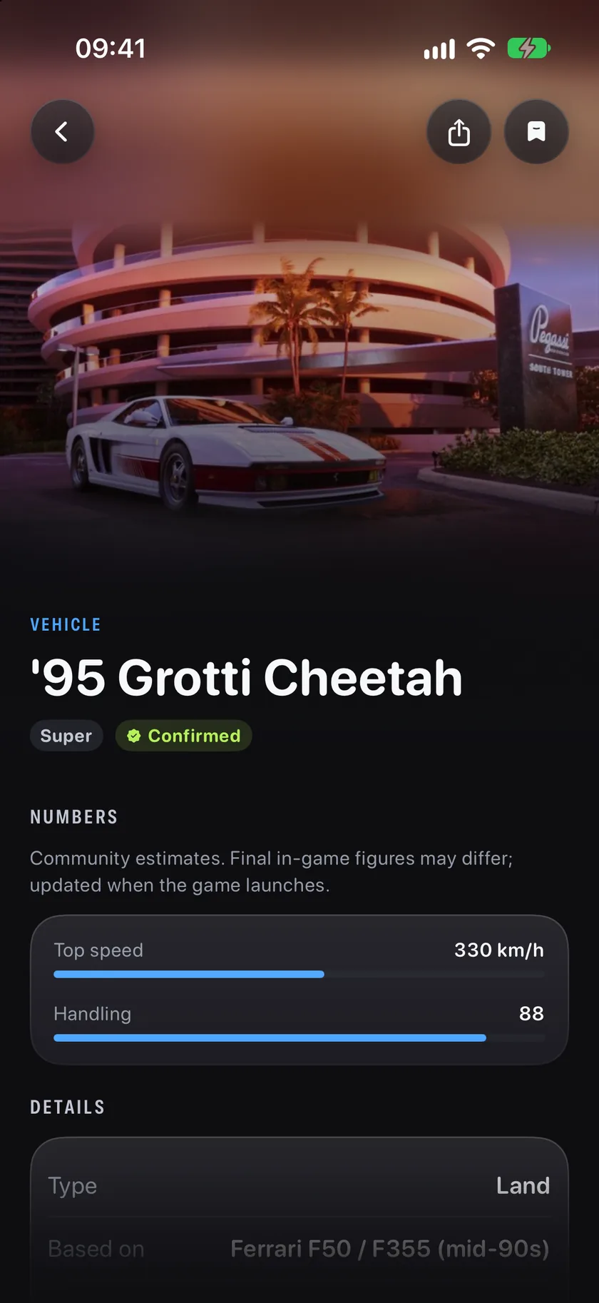 SixStars page for the '95 Grotti Cheetah with its top speed and handling